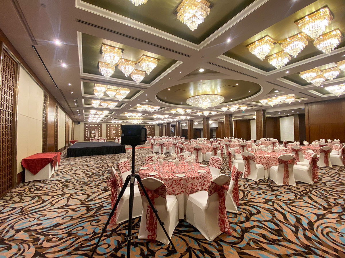 A ballroom set up for a wedding at Radisson Blu Dubai Deira Creek.