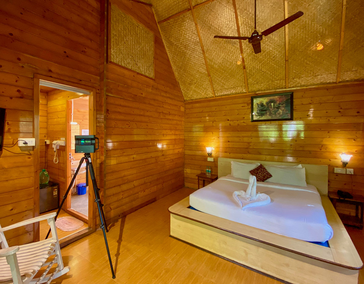 A professional Matterport Pro2 camera on a tripod inside a hotel in Goa, ready to capture data.
