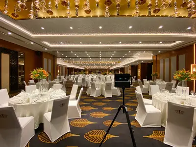 A ballroom set up for an event, captured in a Matterport scan.